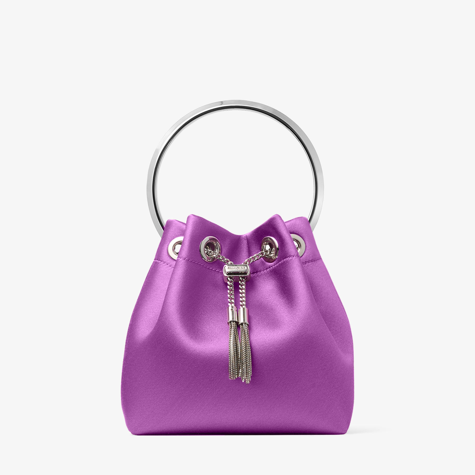 最終値下げ JIMMY CHOO BON BON BUCKET BAG ボン ボン | バイオレットオーキッド サテン・メタルブレスレット付き
