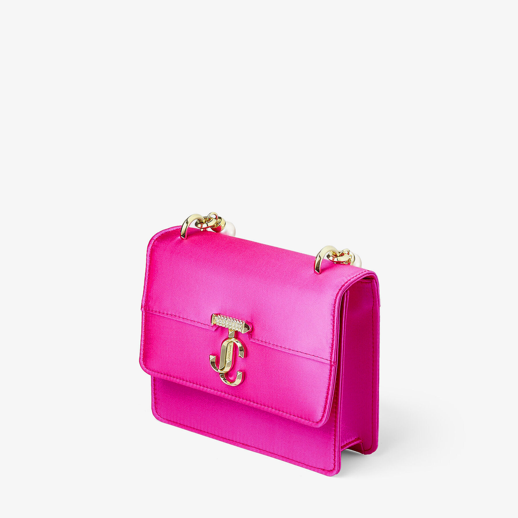 パールストラップ付き Fuchsia ボックスレザー・ショルダーバッグ