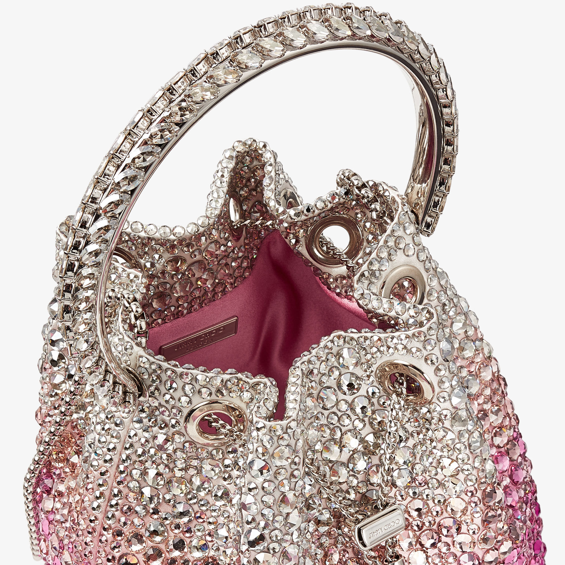 BON BON | スワロフスキー製クリスタル付き Candy Pink X Silver サテン・バッグ | ジミー チュウ
