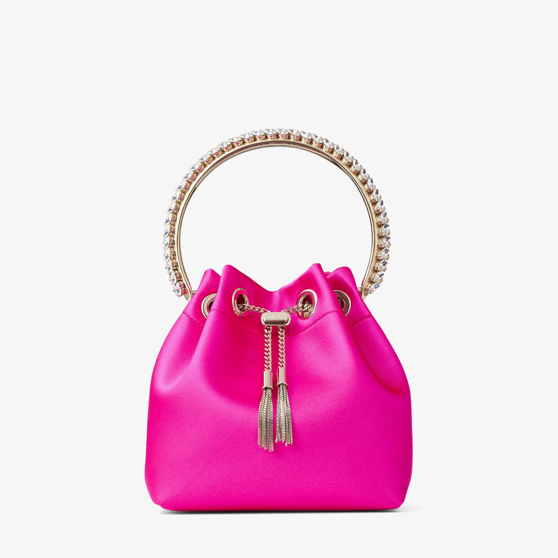 クリスタルハンドル付き Fuchsia サテン・ドローストリングバッグ 