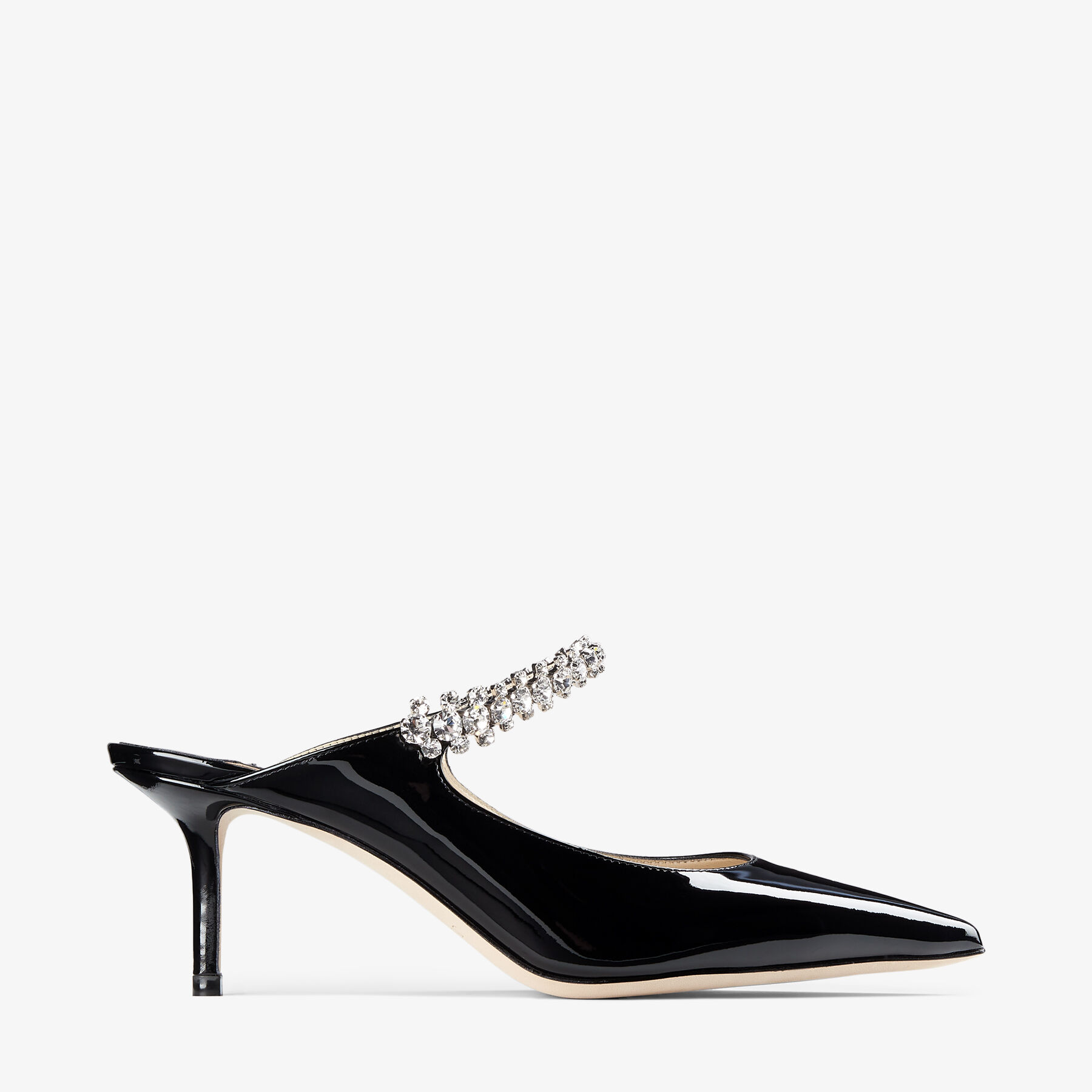 クリスタル ストラップ付き Black パテントレザー・ミュール