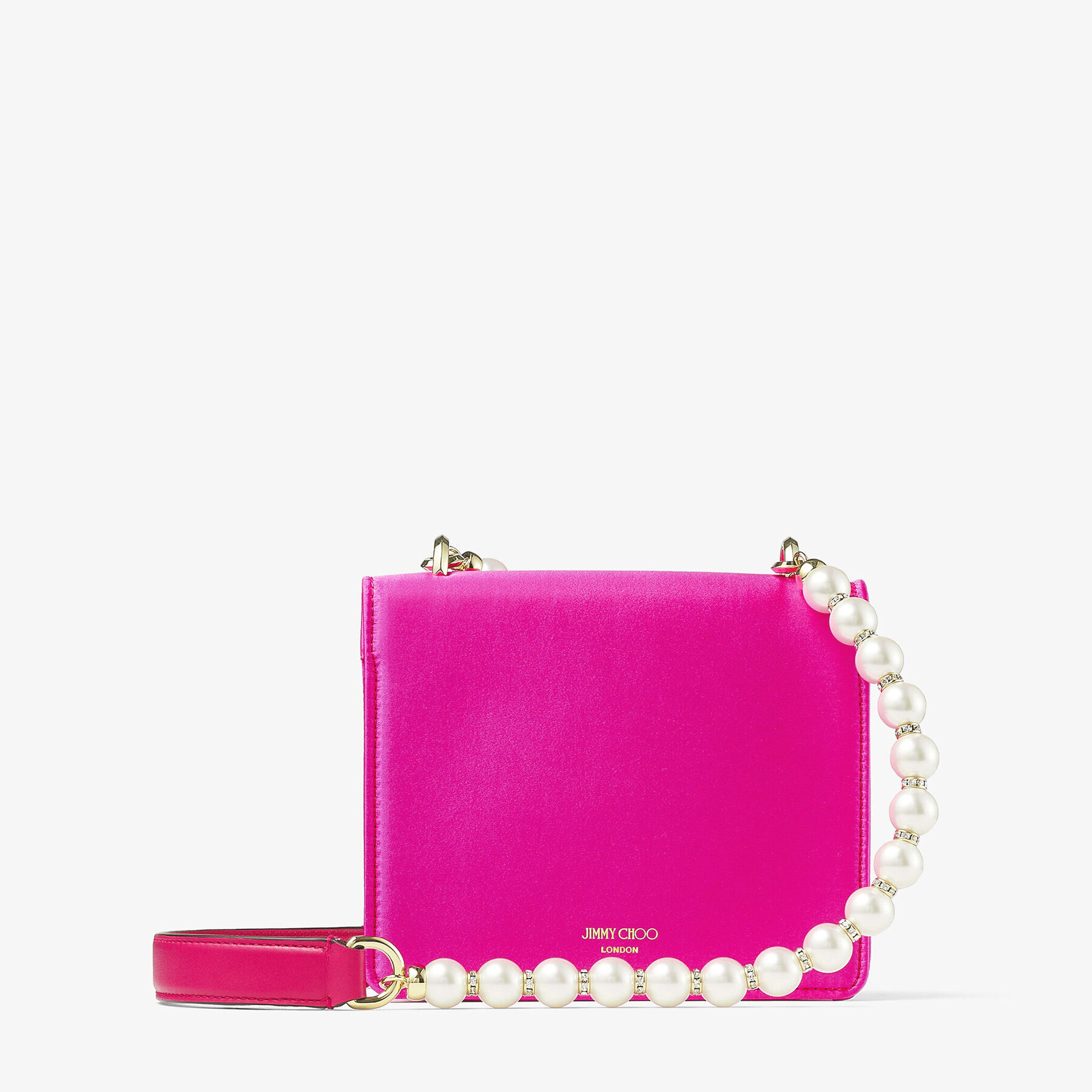 パールストラップ付き Fuchsia ボックスレザー・ショルダーバッグ 